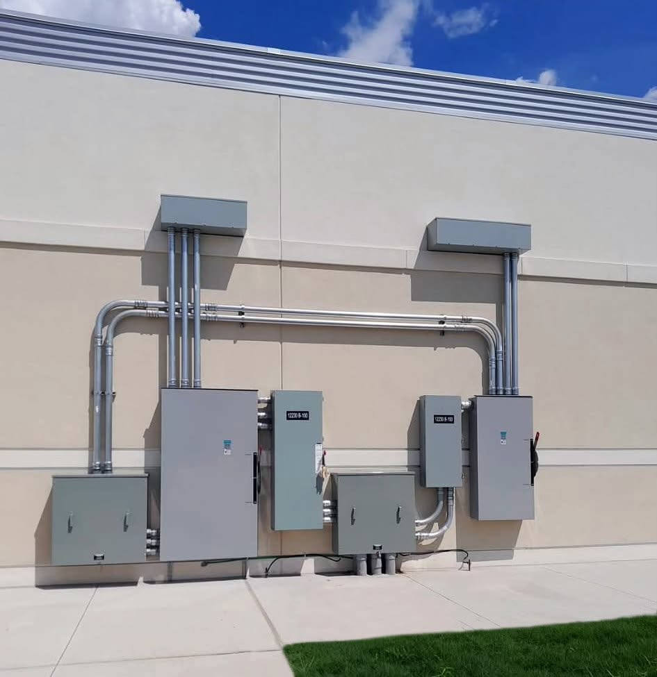 Exterior switchgear and conduit runs on building